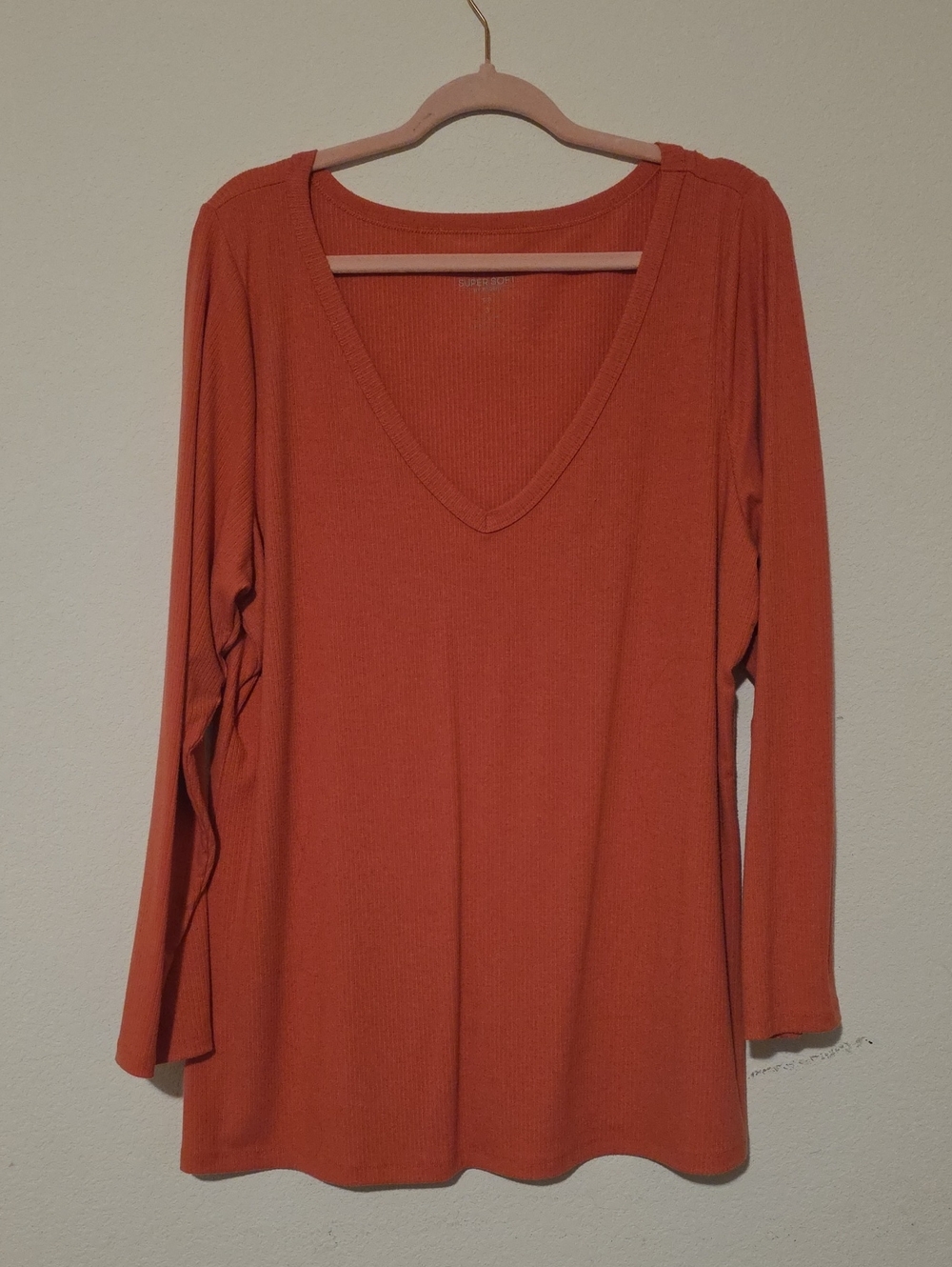 torrid Ribbed V-Neck Long Sleeve Top in Coarl